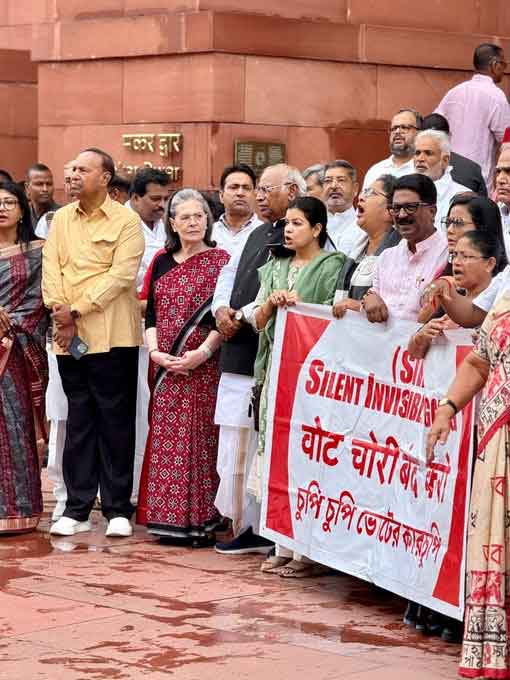 वोटर लिस्ट रिवीजन के मुद्दे पर संसद भवन परिसर में इंडिया अलायंस का आज भी प्रदर्शन