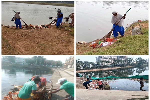 रांची : काली पूजा के बाद तालाबों में विसर्जित सामग्री की निगम ने की सफाई